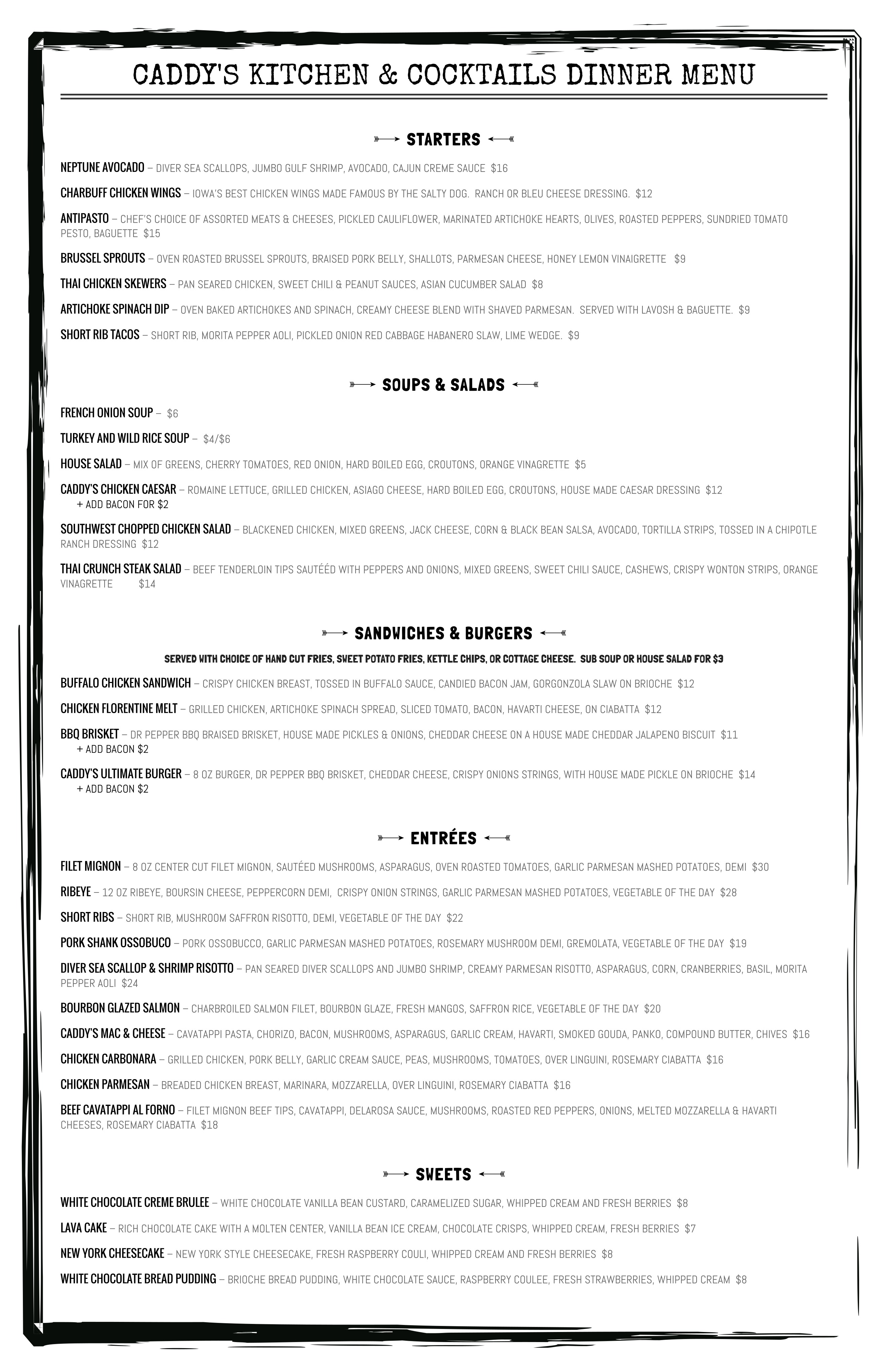 Menu Caddy's Kitchen and Cocktails