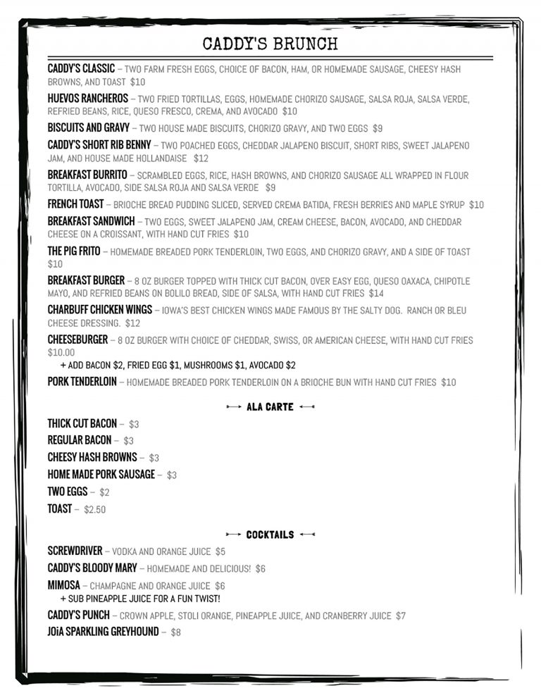 Menu Caddy's Kitchen and Cocktails