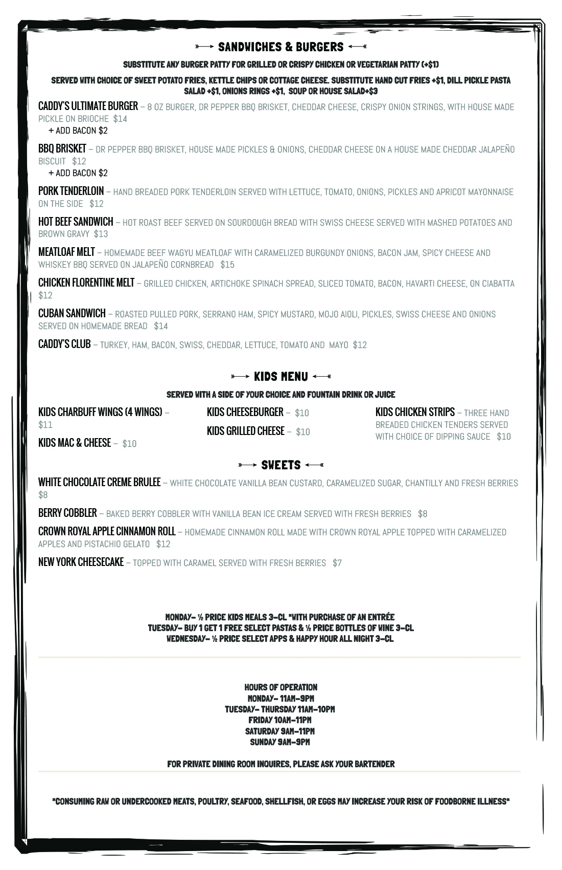 Menu Caddy's Kitchen and Cocktails