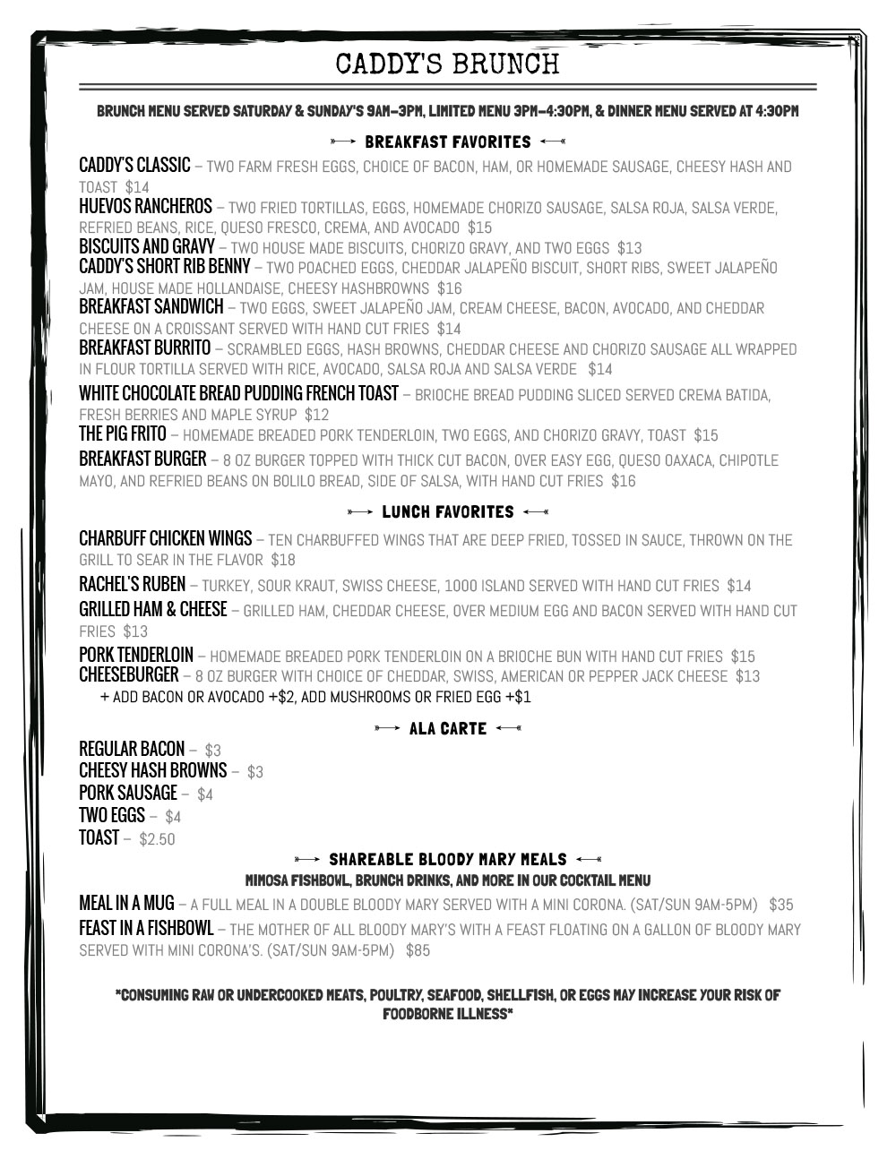 Menu Caddy's Kitchen and Cocktails